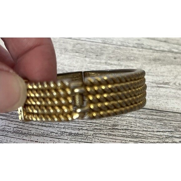 Buckle Gold Tone Bangle Hinged Bracelet Faux Buckle Rhinestones - Picture 3 of 5